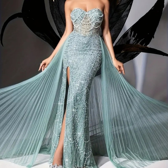 Mint Blue Strapless Sequin Embellished Gown - Picture 6 of 15